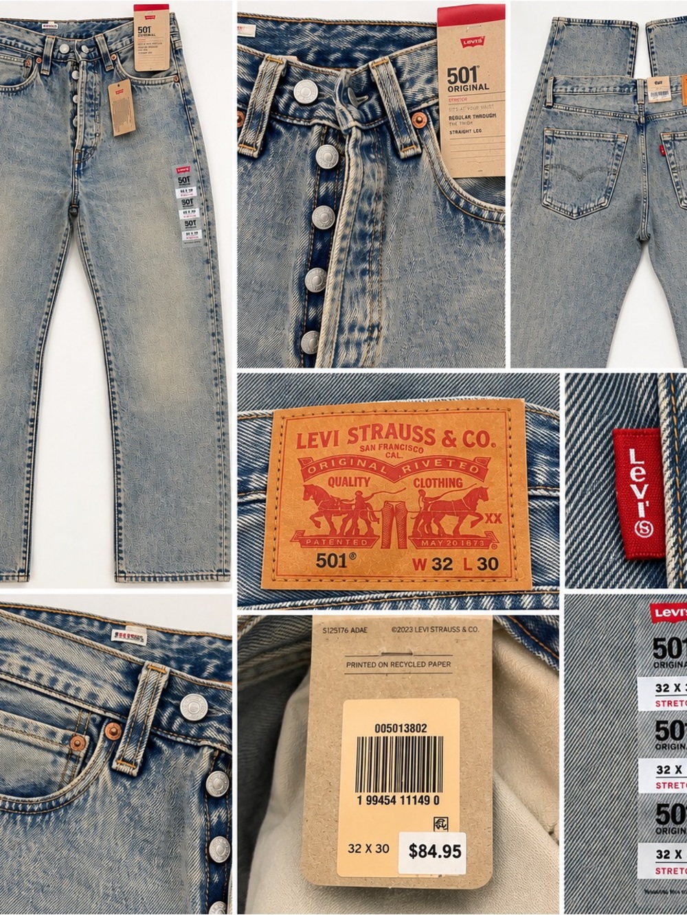 Levi’s 501 Original Men’s Jeans 32x30 Light Wash Stretch Straight Leg NWT - Picture 1 of 15